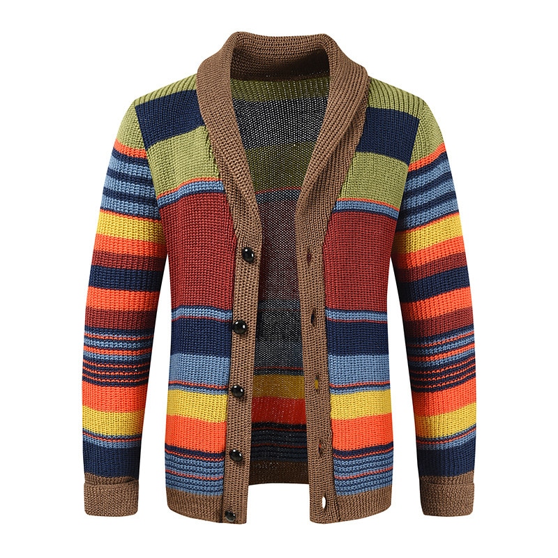Sweaters Cardigans Men Clothes Winter New in Colorful Striped Long Sleeves V-neck Casual Coats